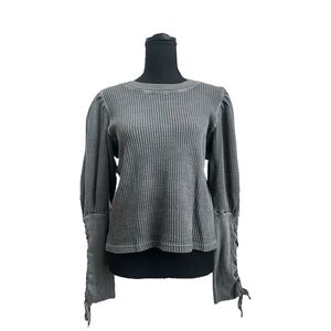 Free People Gray Ribbed Tie Front Long Sleeve Blouse